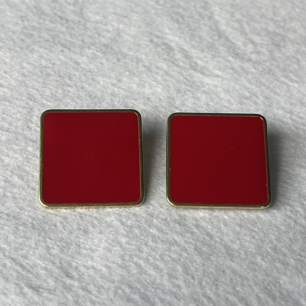 Vintage Signed Monet Gold Tone Red Enamel Clip On Earrings